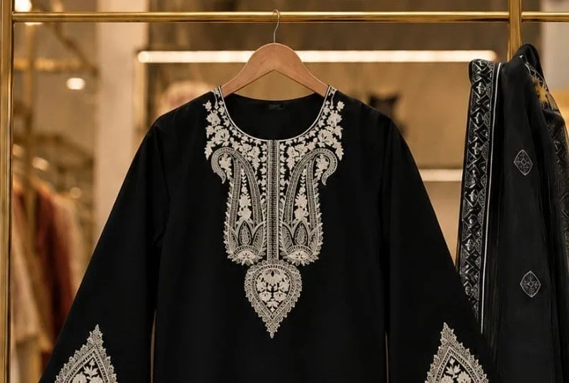 Close-up of silver embroidery on a black lawn kurta by Reshyle