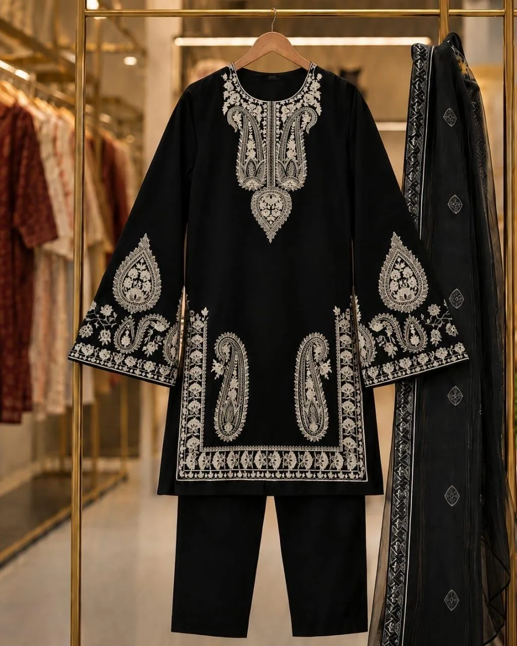 Black embroidered lawn 3-piece unstitched suit by Reshyle