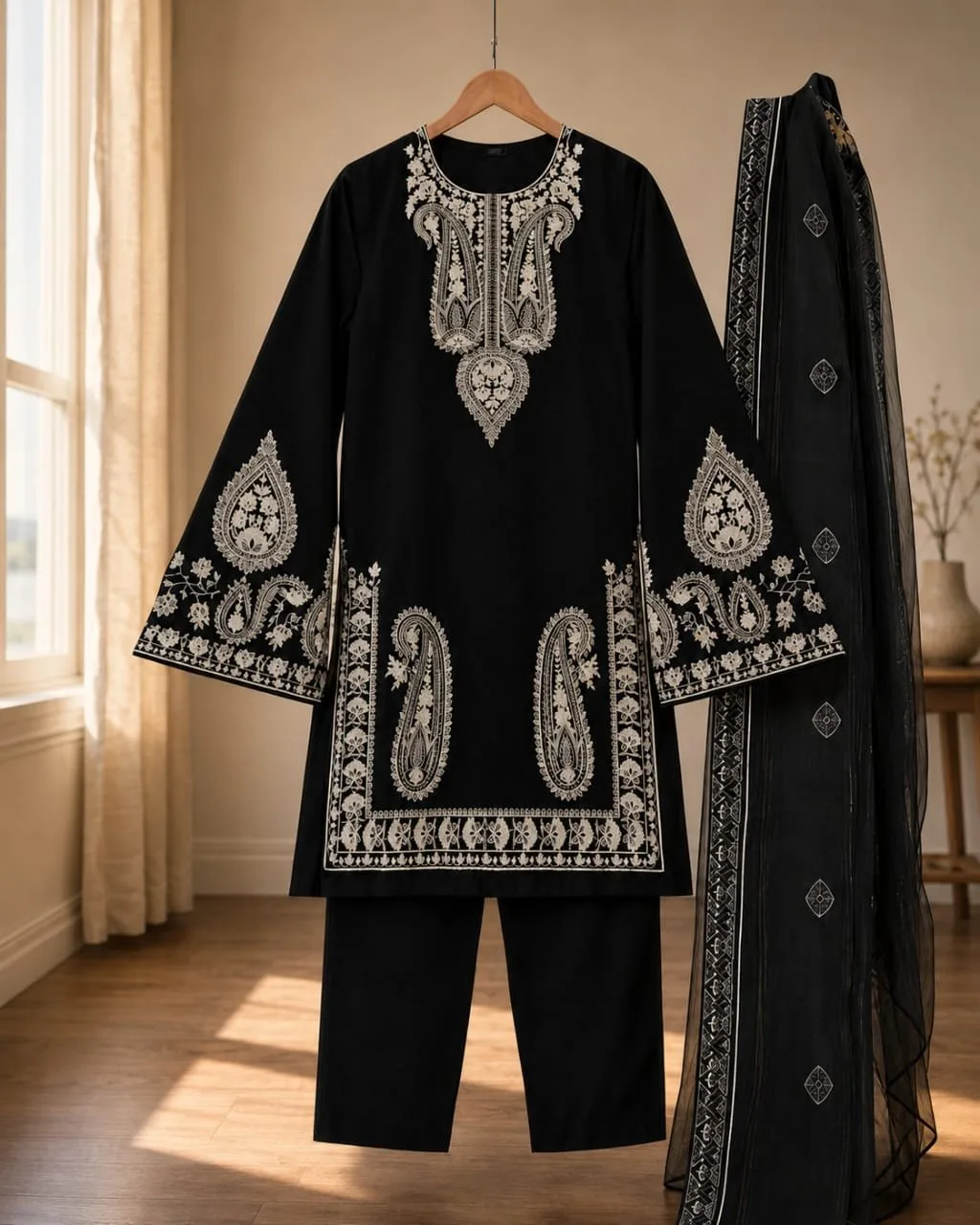 Black embroidered lawn suit with paisley motifs displayed on a hanger by Reshyle