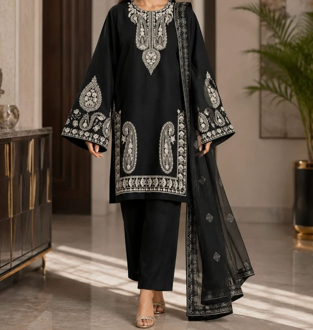 Model wearing a black embroidered lawn suit with embroidered dupatta by Reshyle