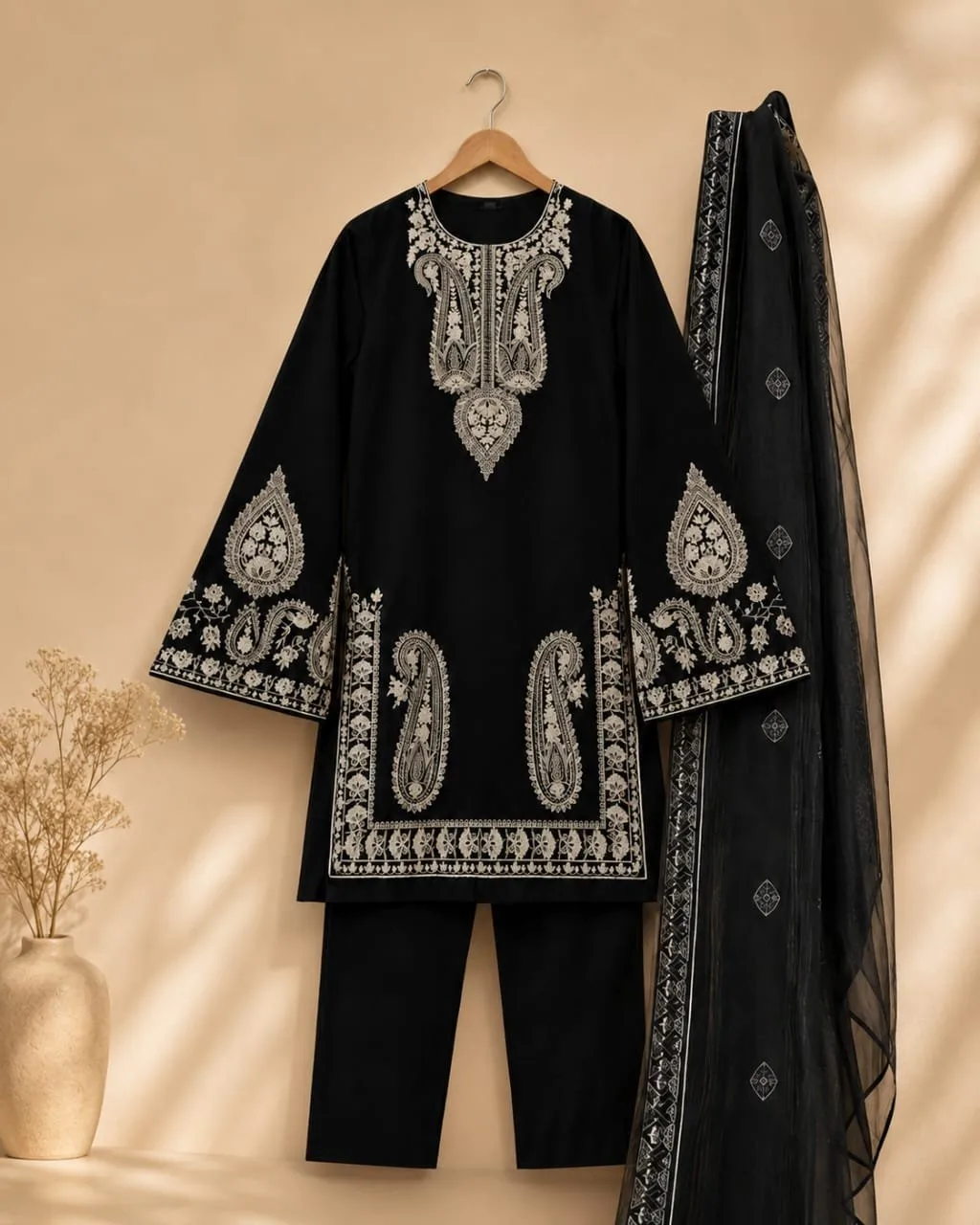 Black embroidered lawn 3-piece suit with trousers and dupatta by Reshyle