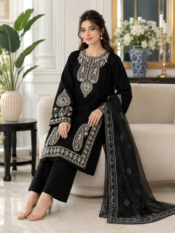 Black Embroidered Lawn 3-Piece Unstitched Suit