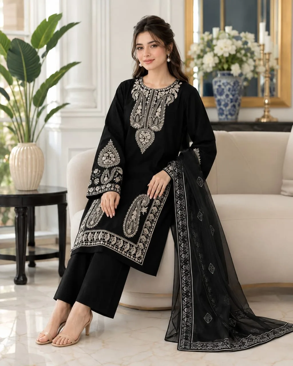 Model wearing a black embroidered lawn 3-piece suit with dupatta by Reshyle
