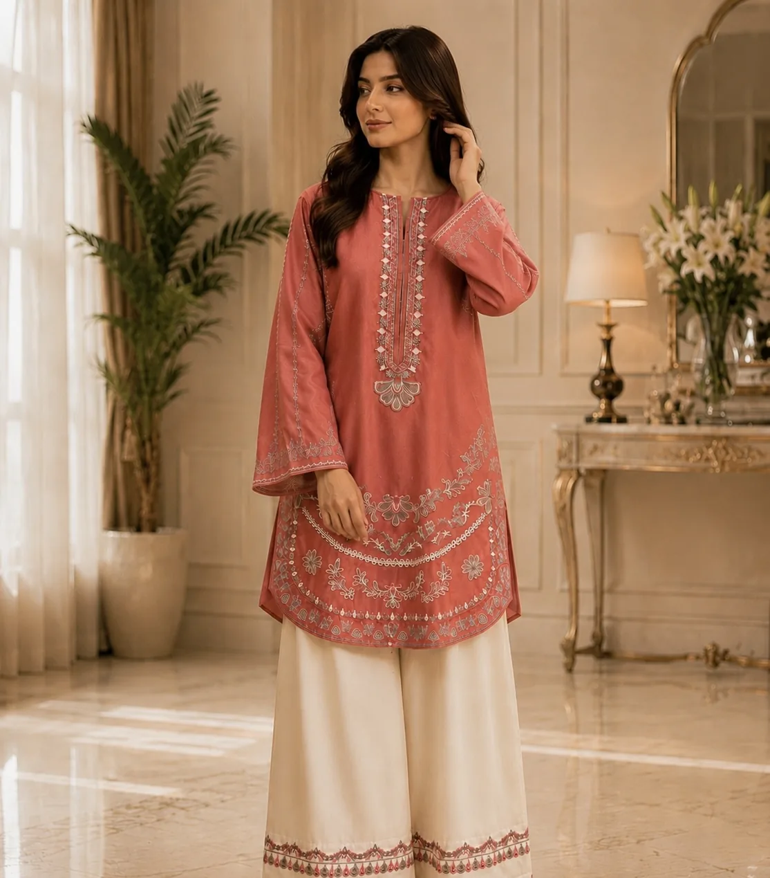 Tea Pink Embroidered Lawn 2-Piece Unstitched Suit by Reshyle - alternate view 1