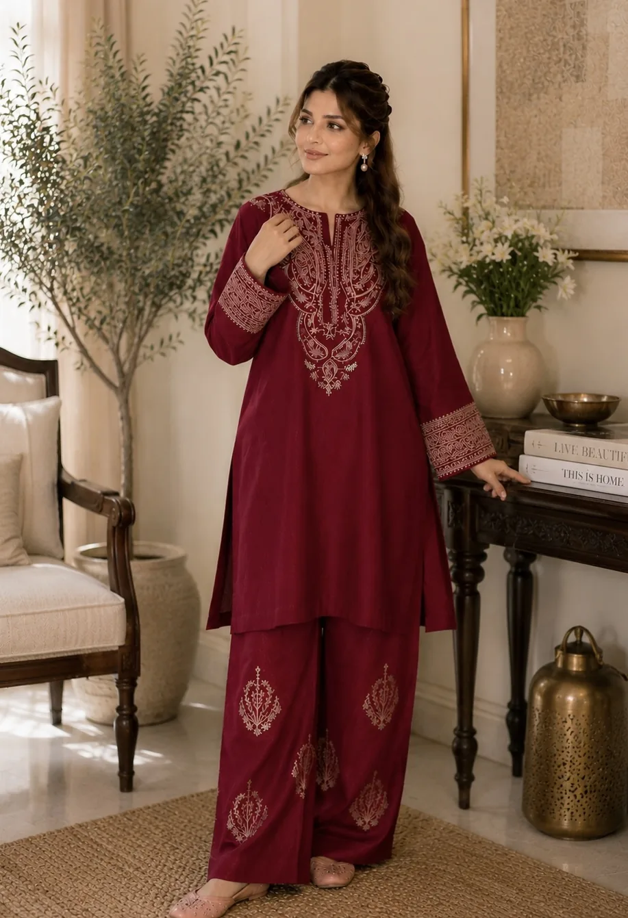 Maroon Embroidered Lawn 2-Piece Unstitched Suit by Reshyle - alternate view 1