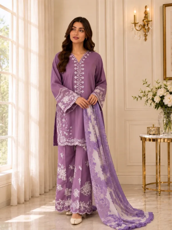 Lilac embroidered lawn 3-piece unstitched suit - Reshyle