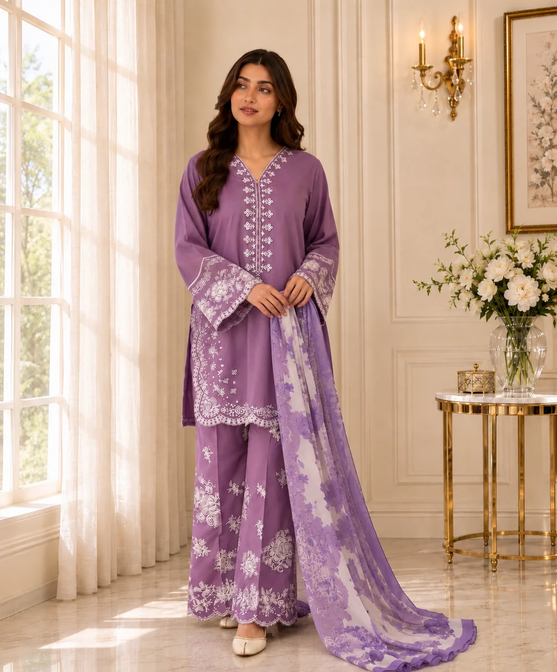 Lilac embroidered lawn 3-piece unstitched suit - Reshyle