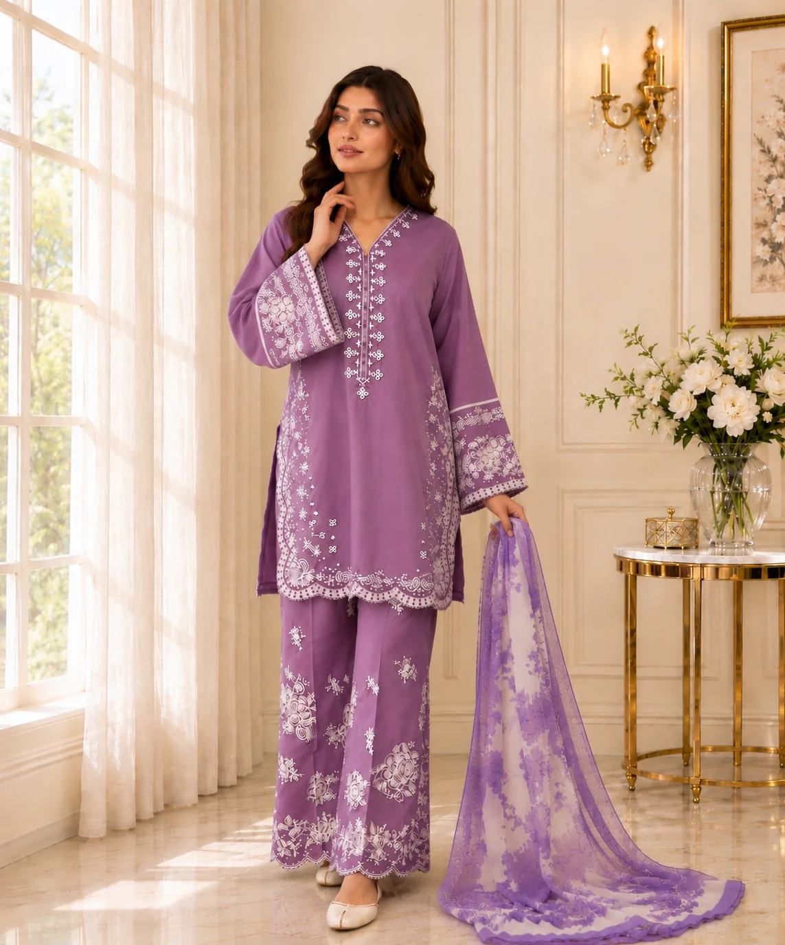 Lilac Embroidered Lawn 3-Piece Unstitched Suit by Reshyle - alternate view 1