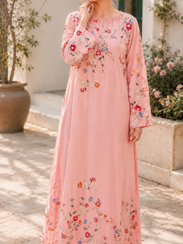 Pink Floral Embroidered Silk Long Dress (Stitched) by Reshyle