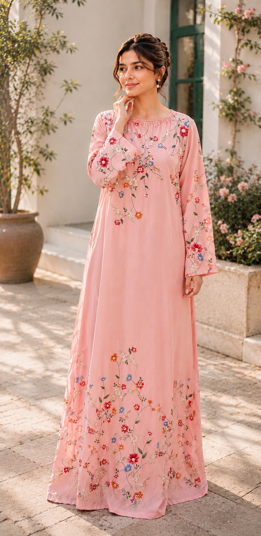 Pink Floral Embroidered Silk Long Dress (Stitched) by Reshyle