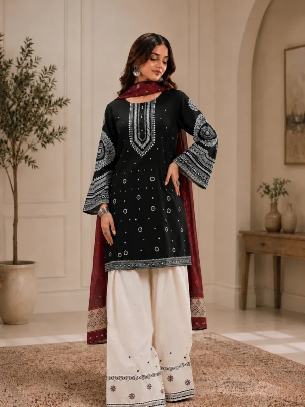 Black Ajrak Printed Lawn 3-Piece Unstitched Suit by Reshyle