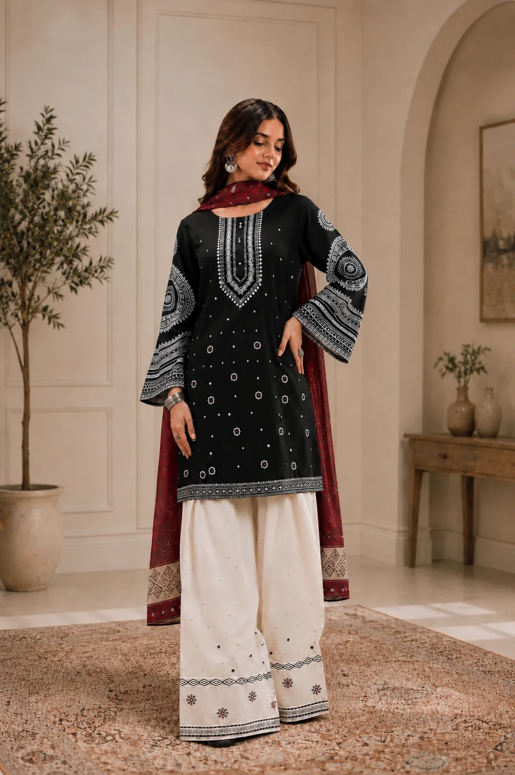 Black Ajrak Printed Lawn 3-Piece Unstitched Suit by Reshyle