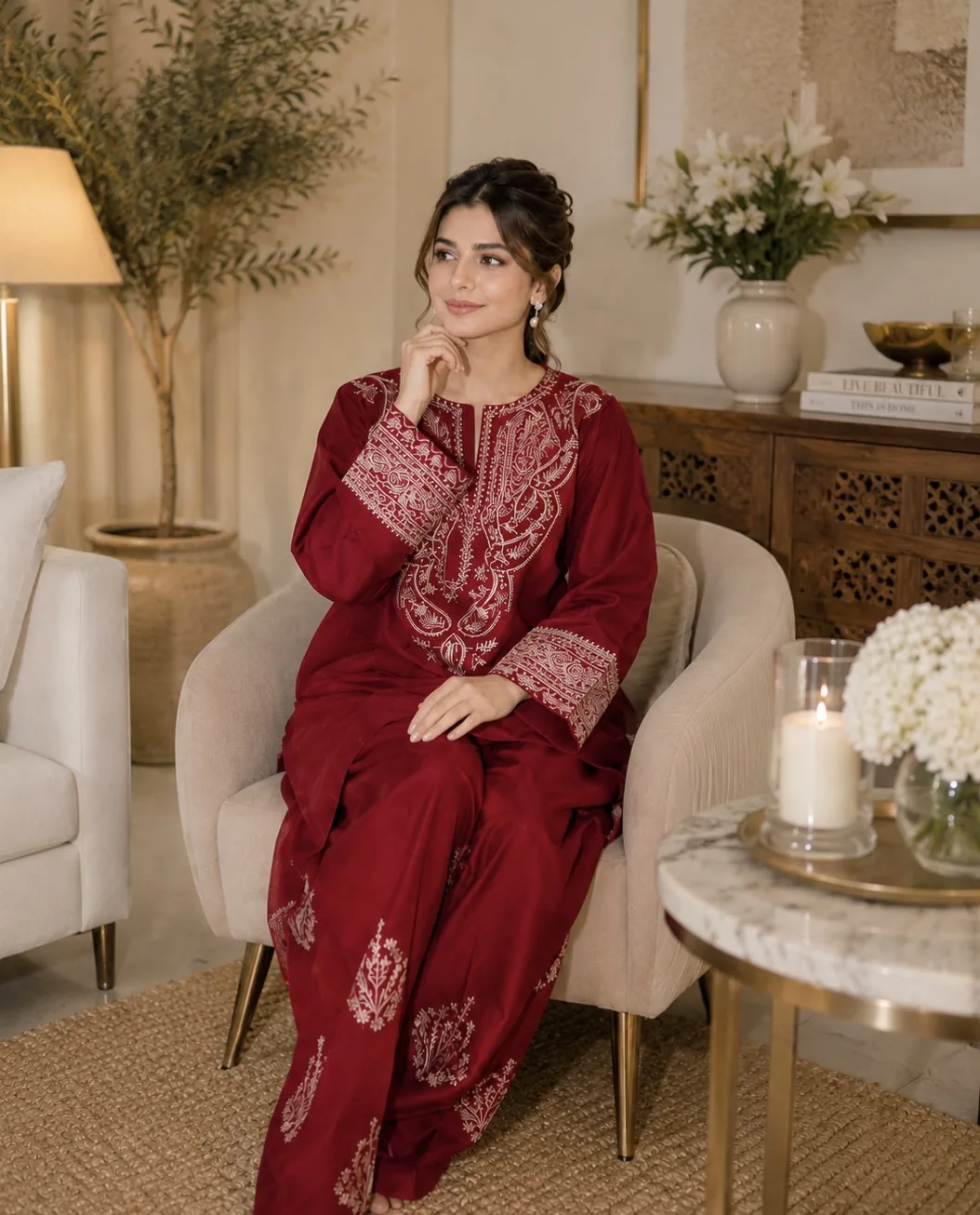 Maroon Embroidered Lawn 2-Piece Unstitched Suit by Reshyle