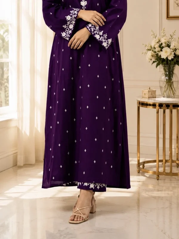 Purple embroidered lawn suit detail - Reshyle