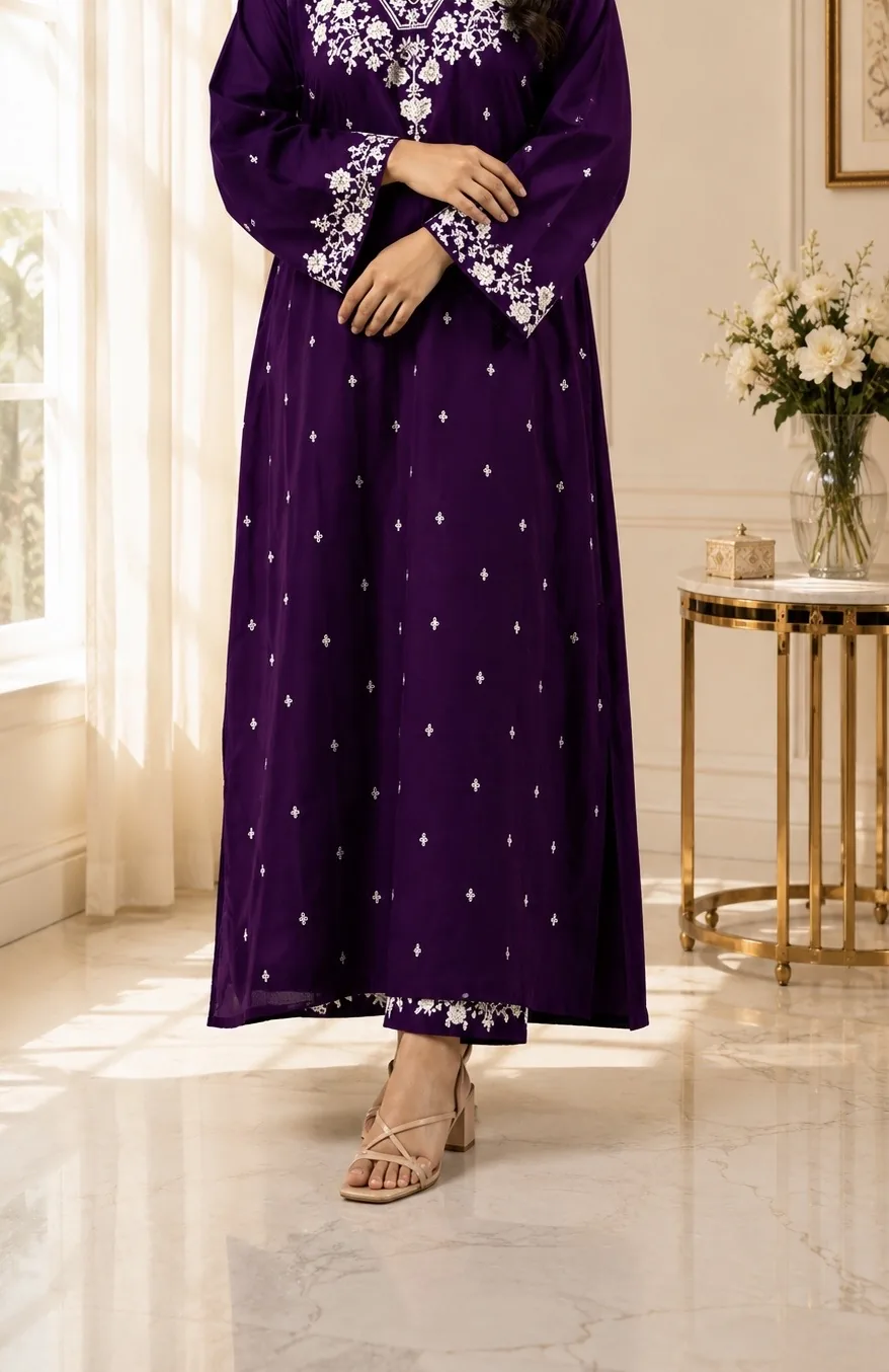 Purple embroidered lawn suit detail - Reshyle