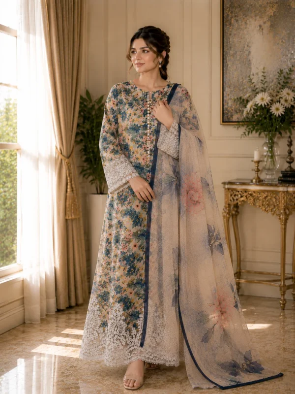 Beige floral printed lawn 3-piece stitched suit - Reshyle