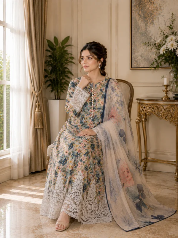 Beige Floral Printed Lawn 3-Piece Stitched Suit by Reshyle