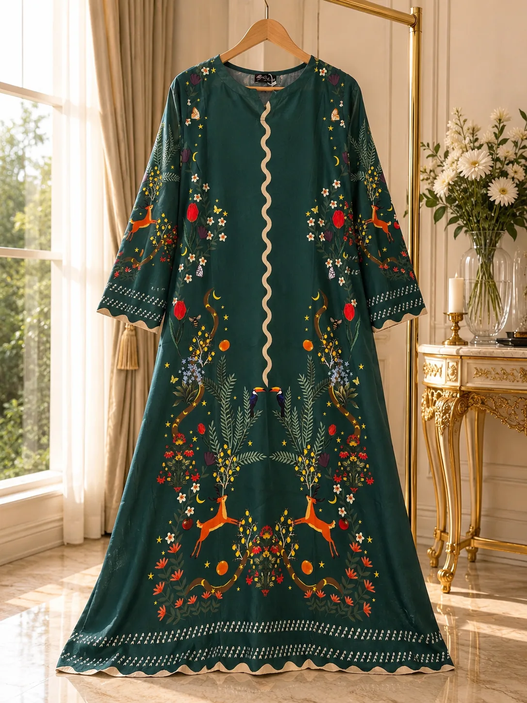 Teal Printed Silk Long Kurta (Stitched) by Reshyle - alternate view 2