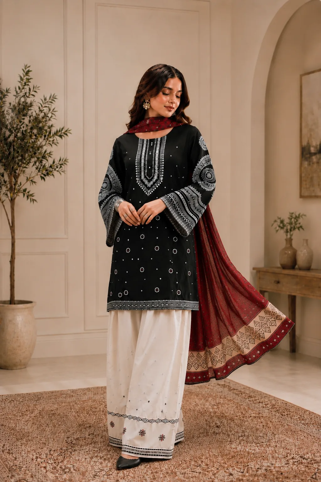 Black Ajrak Printed Lawn 3-Piece Unstitched Suit by Reshyle - alternate view 1