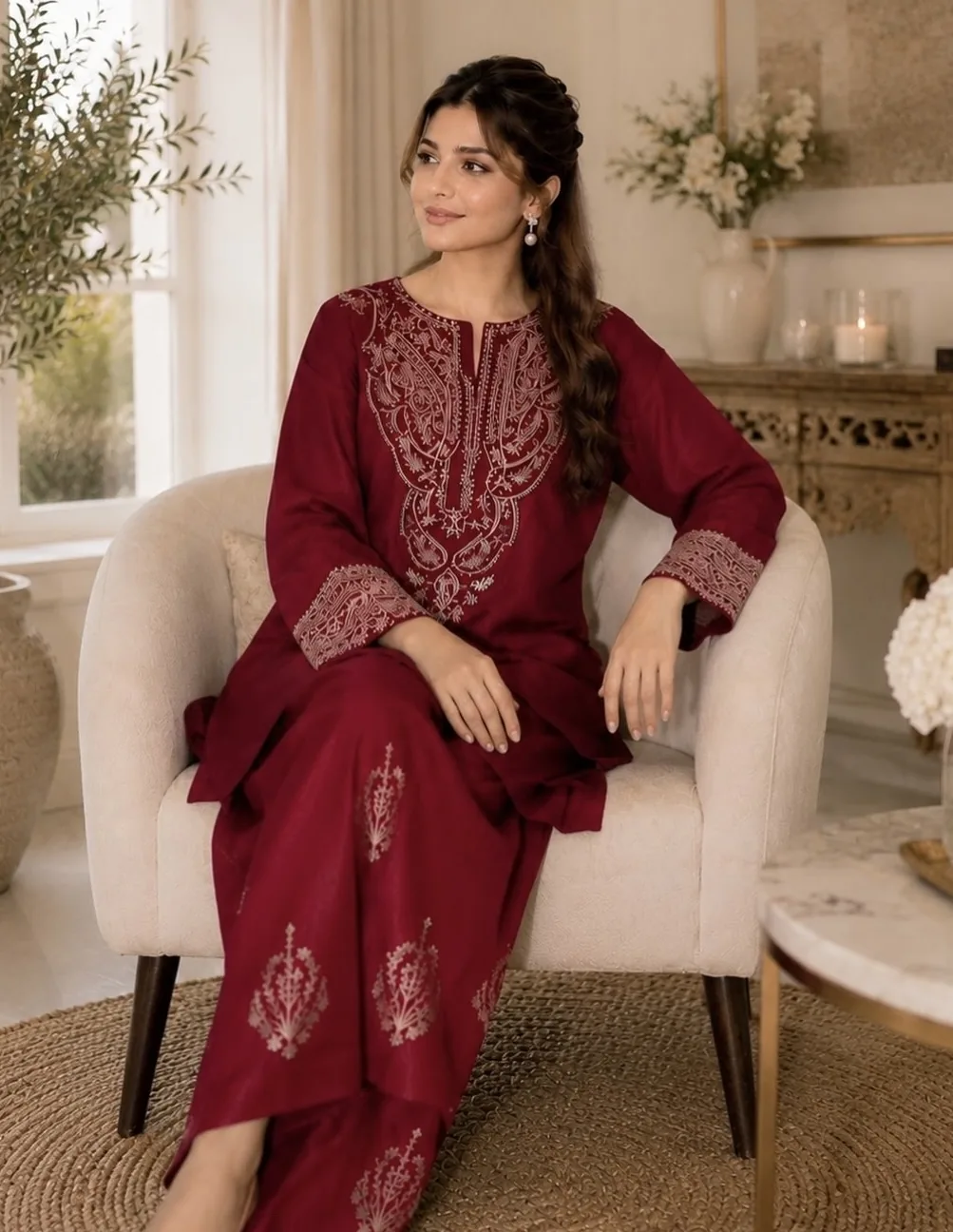 Maroon Embroidered Lawn 2-Piece Unstitched Suit by Reshyle - alternate view 2