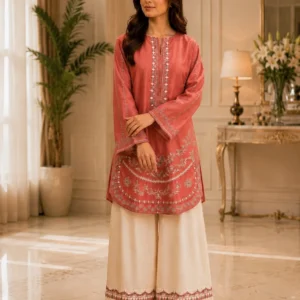 Tea pink embroidered lawn 2-piece unstitched suit - Reshyle