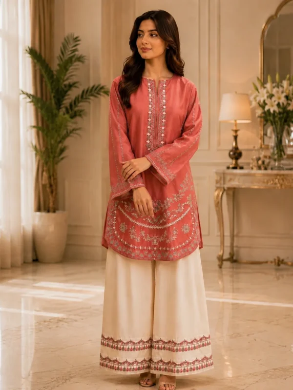 Tea pink embroidered lawn 2-piece unstitched suit - Reshyle