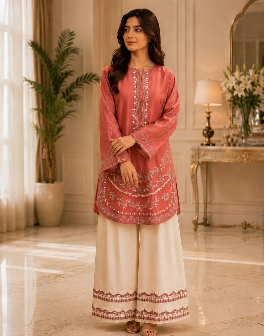 Tea pink embroidered lawn 2-piece unstitched suit - Reshyle