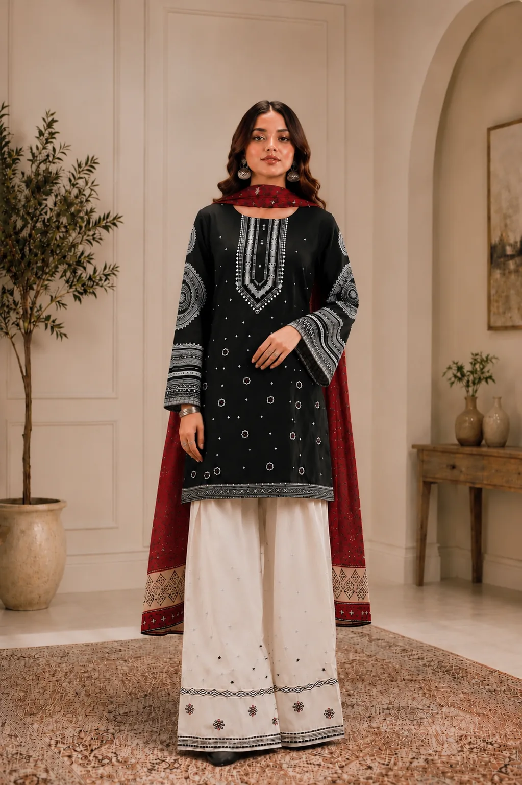 Black ajrak printed lawn 3-piece unstitched suit - Reshyle