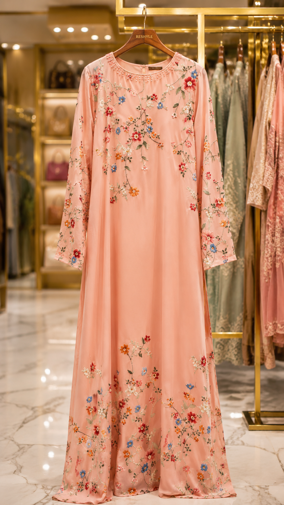 Pink Floral Embroidered Silk Long Dress (Stitched) by Reshyle - alternate view 2