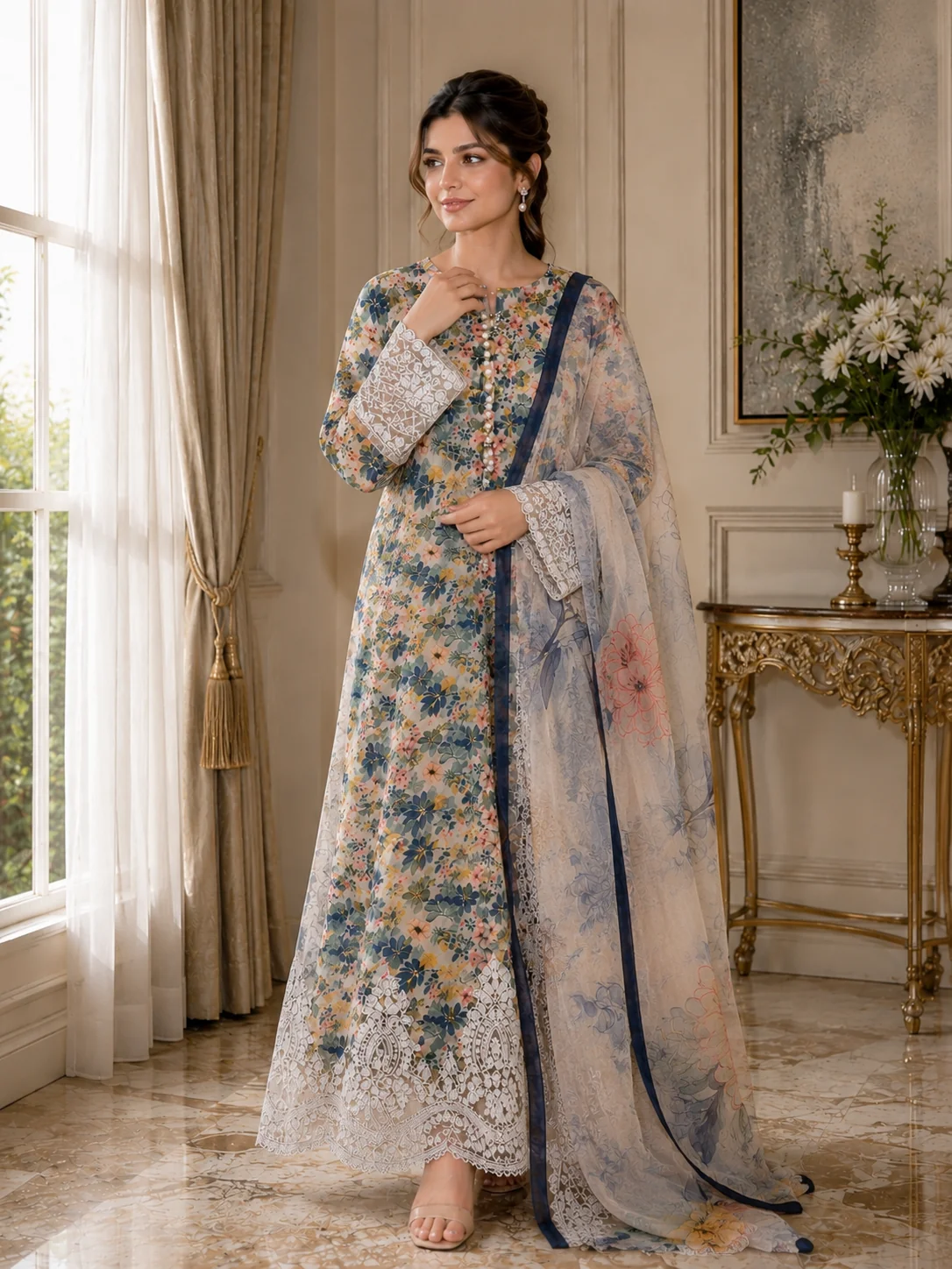 Beige Floral Printed Lawn 3-Piece Stitched Suit by Reshyle - alternate view 1
