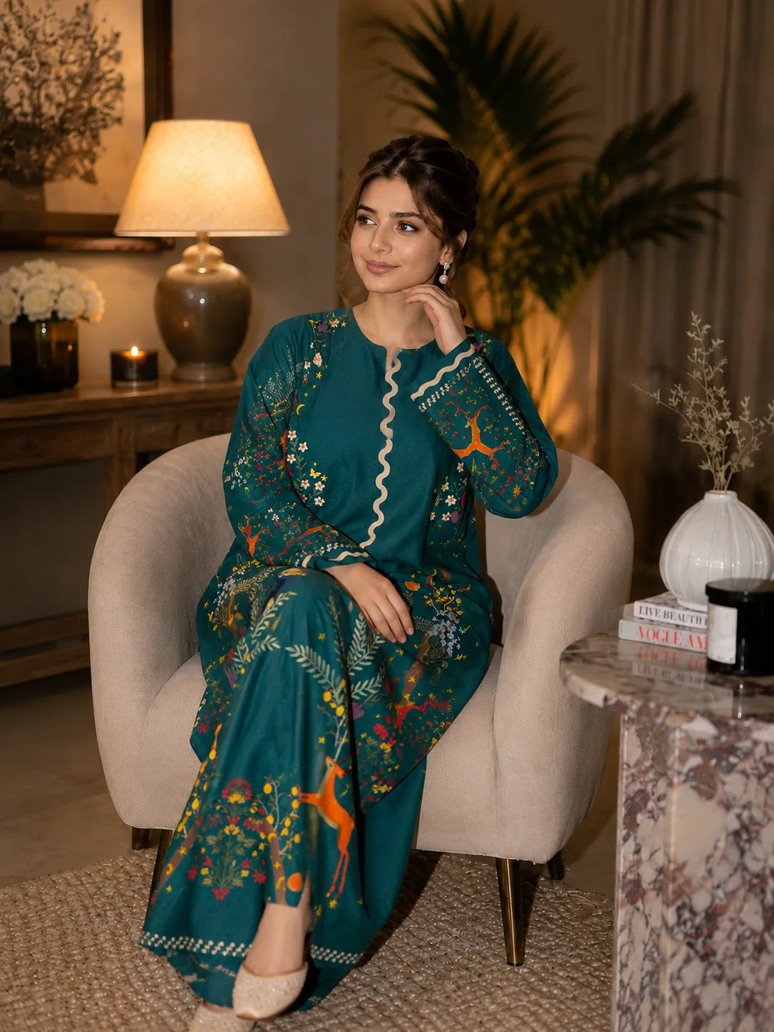 Teal Printed Silk Long Kurta (Stitched) by Reshyle - alternate view 1