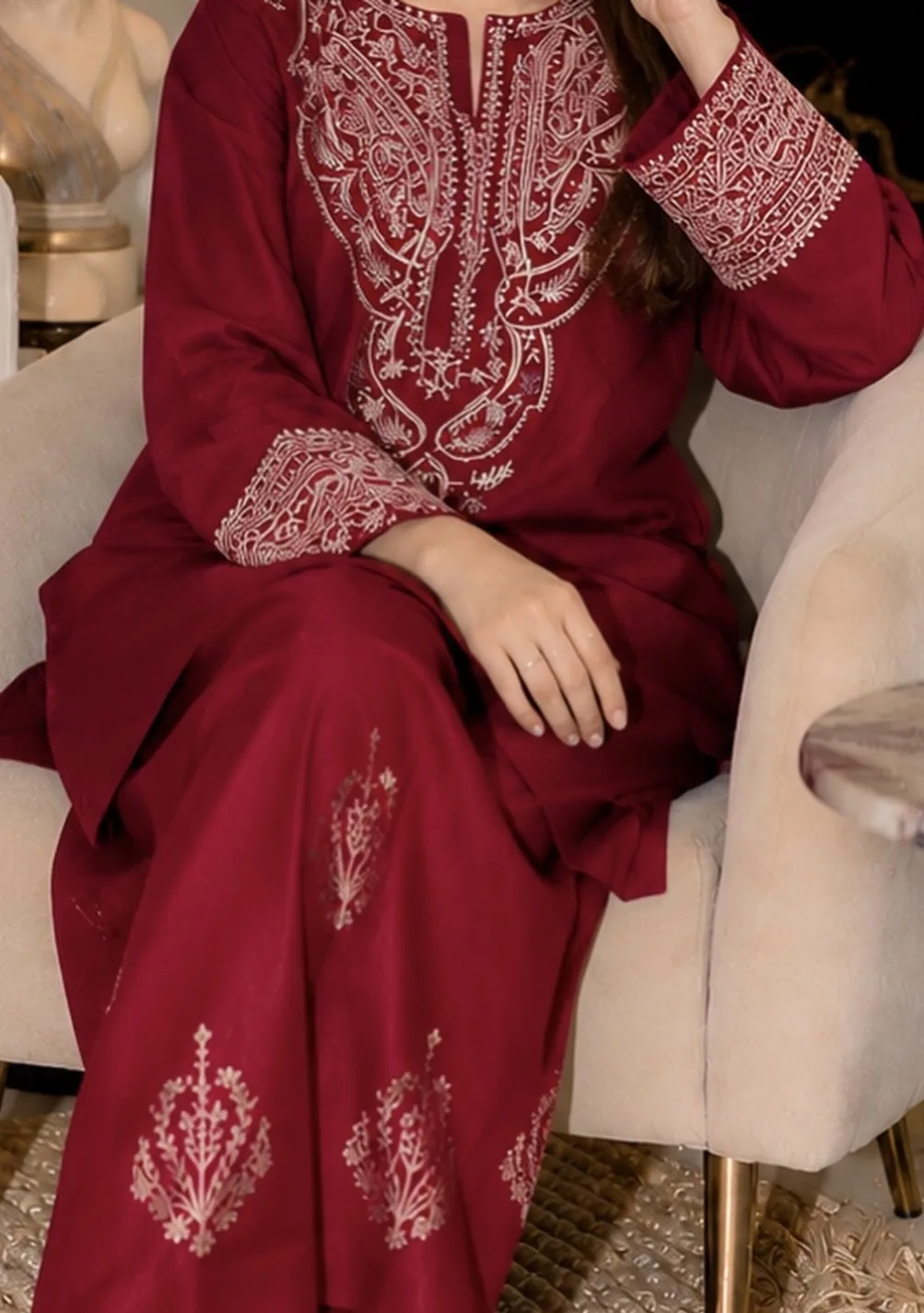 Maroon Embroidered Lawn 2-Piece Unstitched Suit by Reshyle - alternate view 3