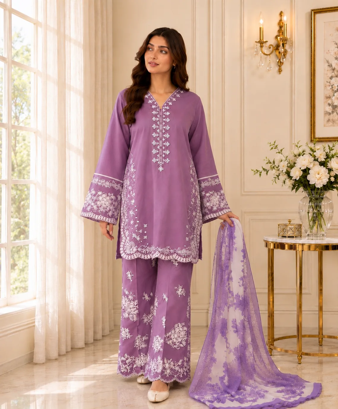 Lilac Embroidered Lawn 3-Piece Unstitched Suit by Reshyle - alternate view 2