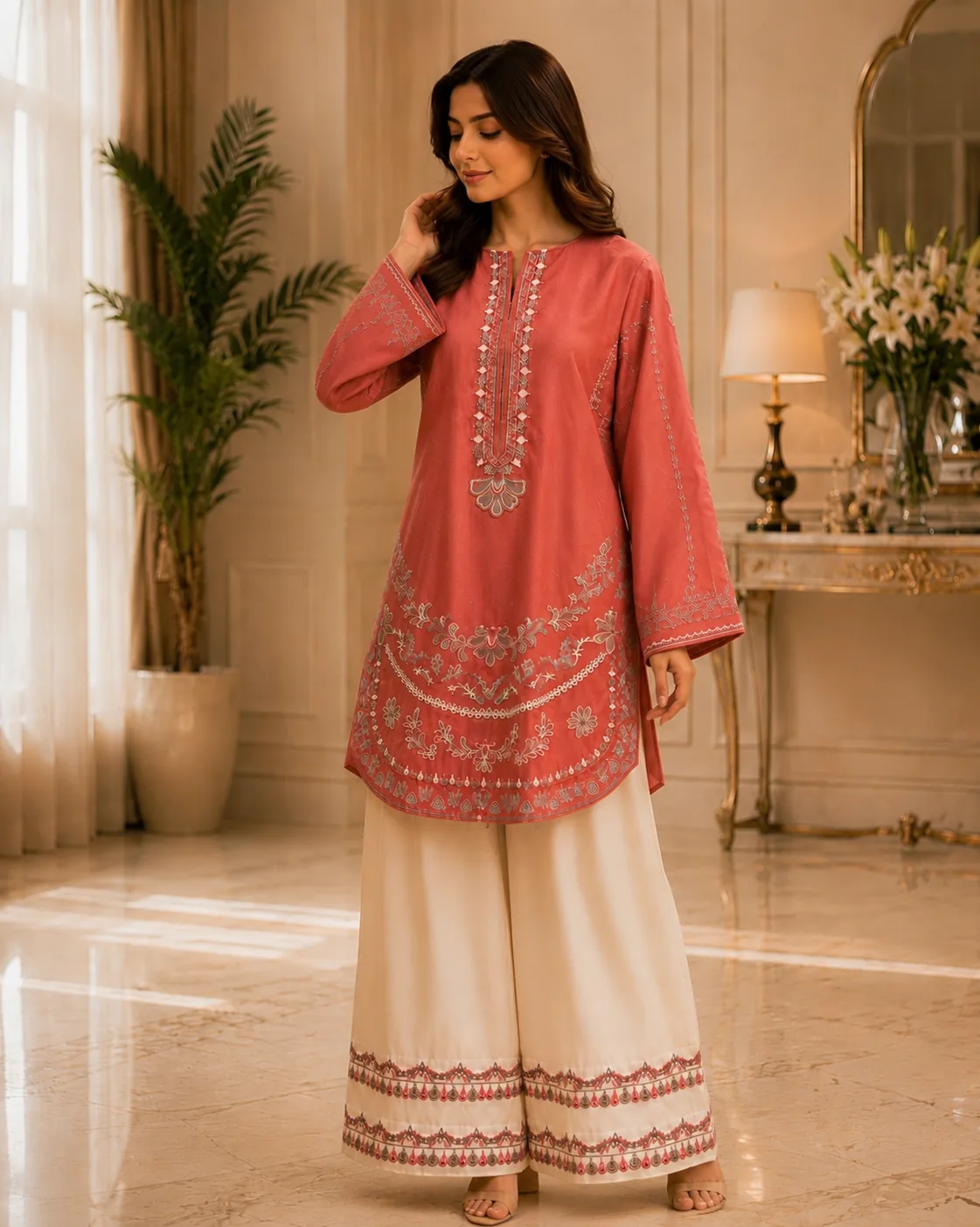 Tea Pink Embroidered Lawn 2-Piece Unstitched Suit by Reshyle - alternate view 3