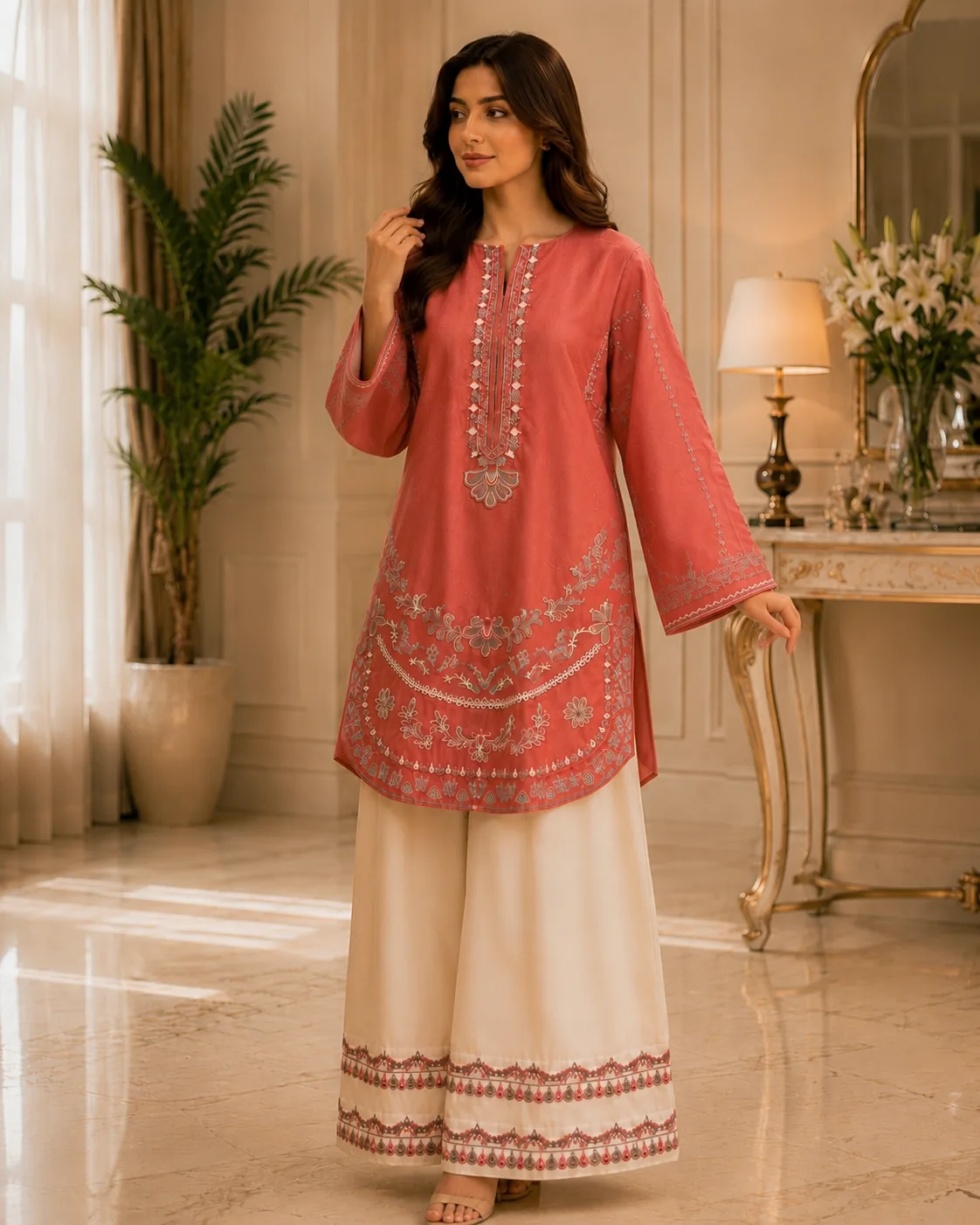 Tea Pink Embroidered Lawn 2-Piece Unstitched Suit by Reshyle - alternate view 2