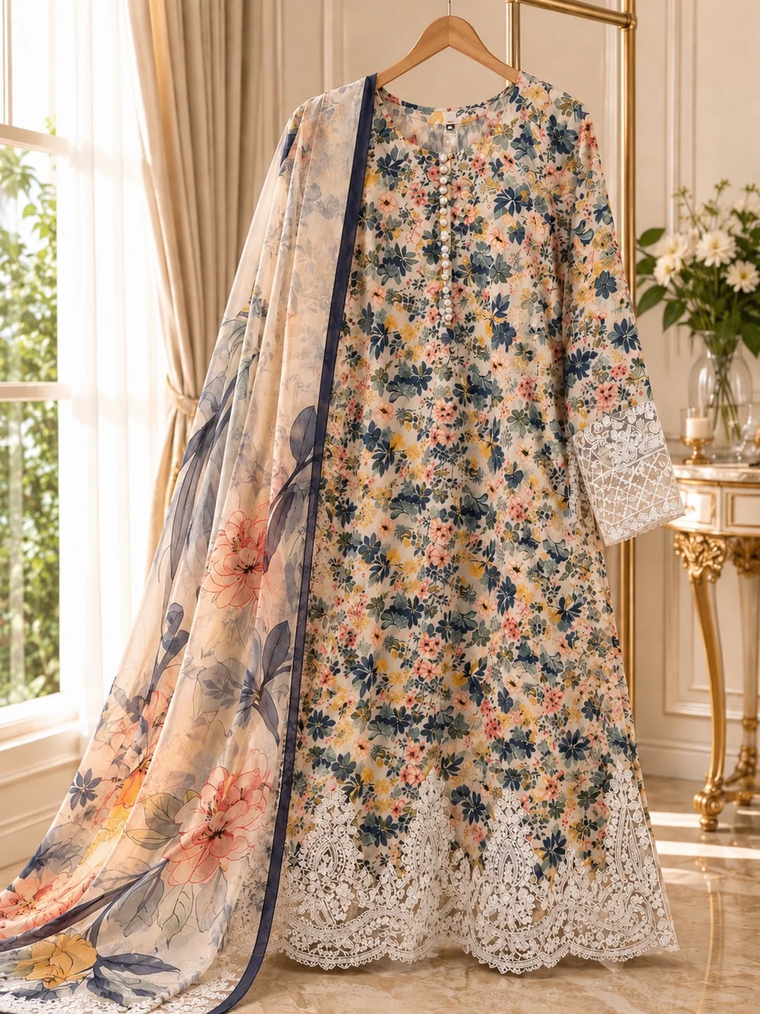 Beige Floral Printed Lawn 3-Piece Stitched Suit by Reshyle - alternate view 3