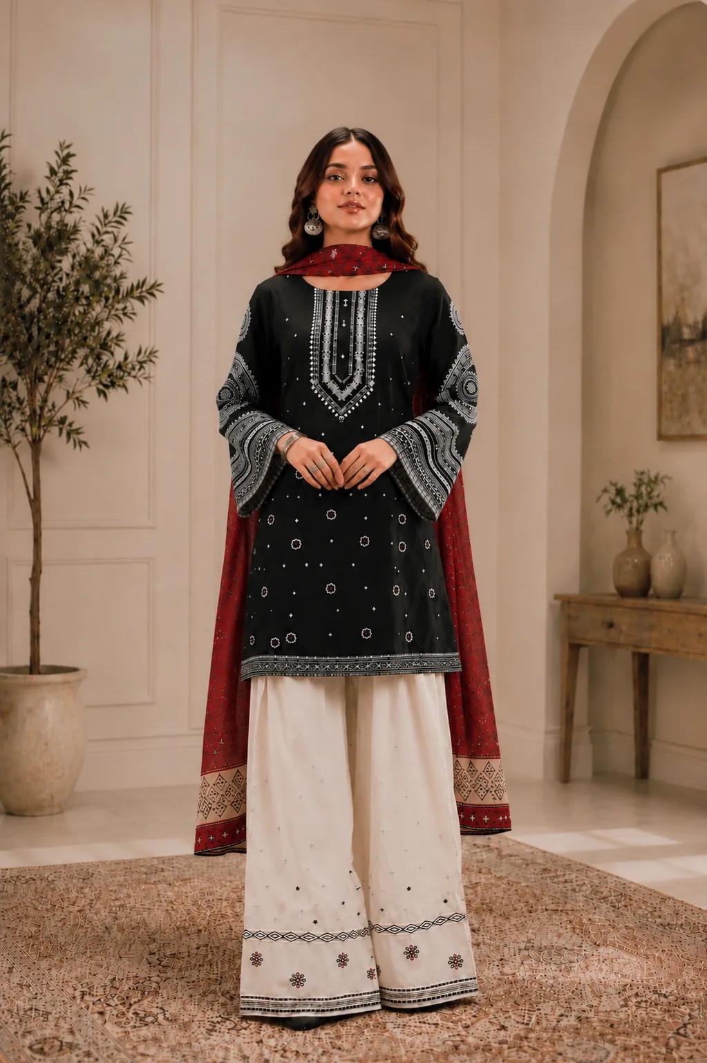 Black Ajrak Printed Lawn 3-Piece Unstitched Suit by Reshyle - alternate view 2