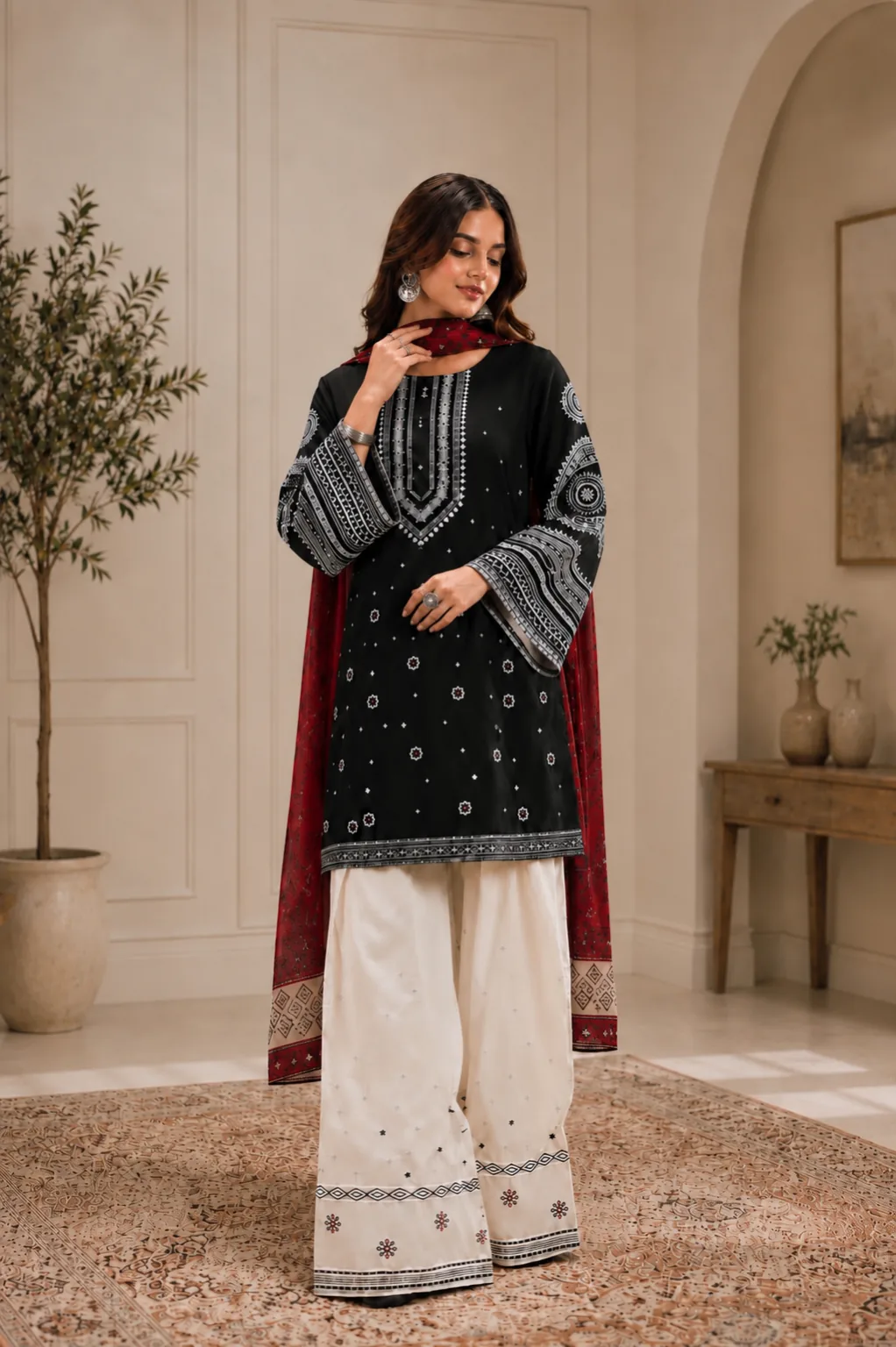 Black Ajrak Printed Lawn 3-Piece Unstitched Suit by Reshyle - alternate view 3