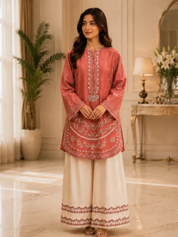 Tea Pink Embroidered Lawn 2-Piece Unstitched Suit by Reshyle