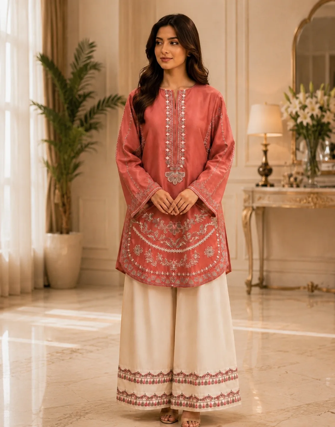 Tea Pink Embroidered Lawn 2-Piece Unstitched Suit by Reshyle