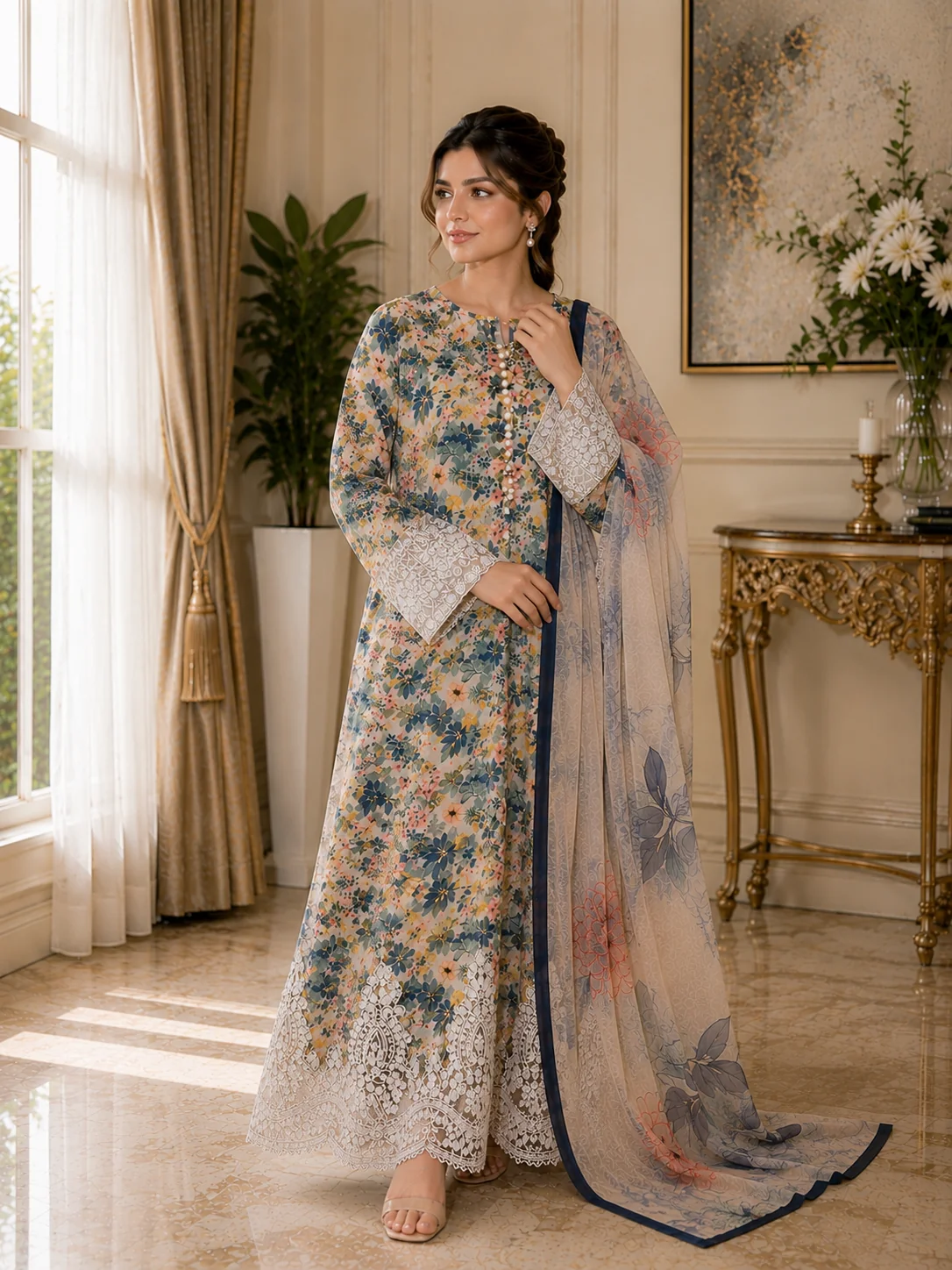 Beige Floral Printed Lawn 3-Piece Stitched Suit by Reshyle - alternate view 2