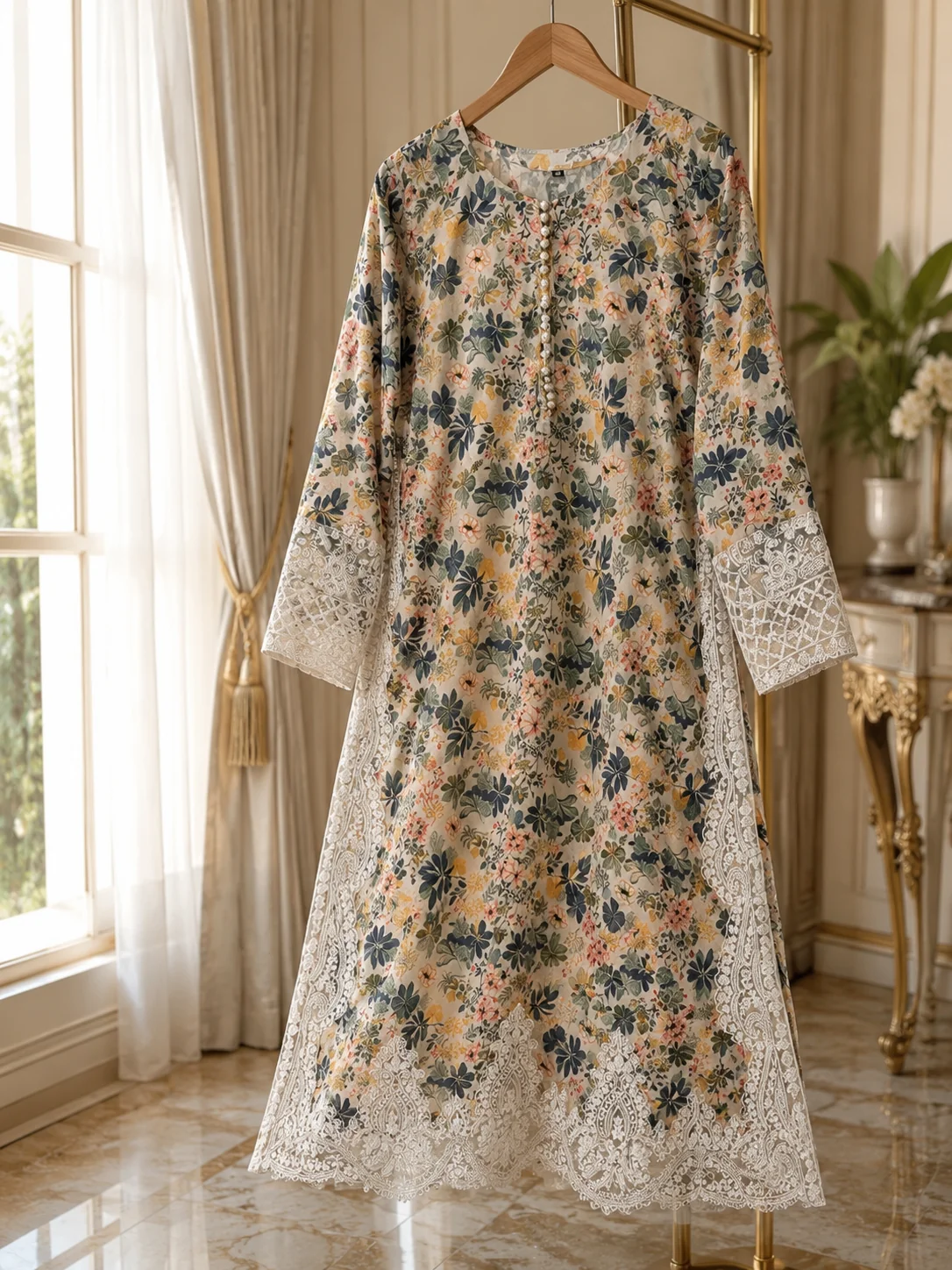 Beige Floral Printed Lawn 3-Piece Stitched Suit by Reshyle - alternate view 4