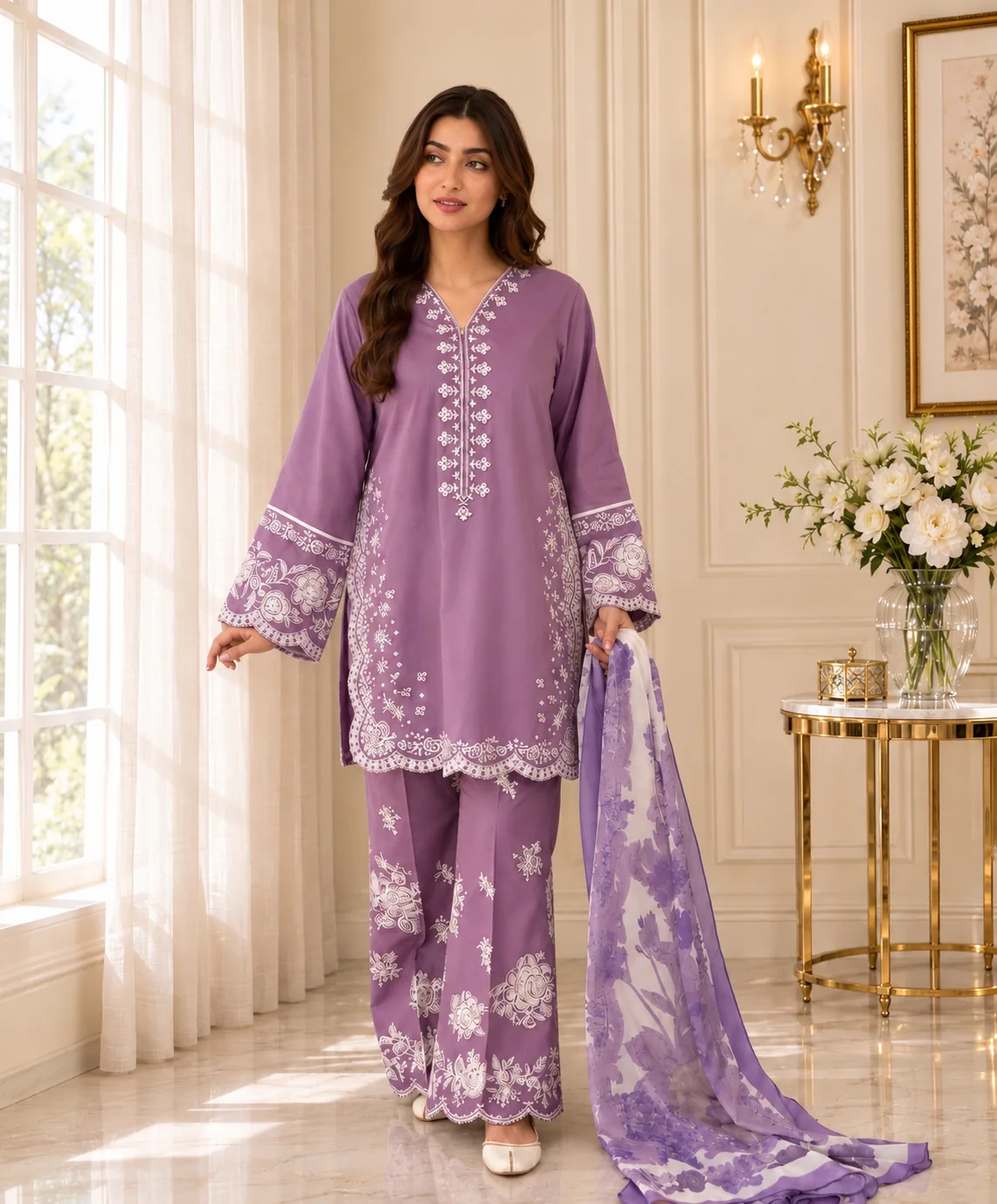 Lilac Embroidered Lawn 3-Piece Unstitched Suit by Reshyle - alternate view 3