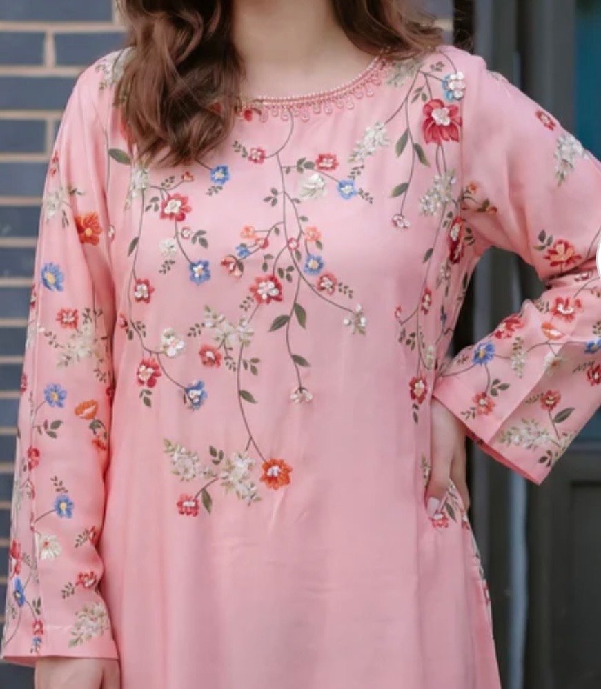 Pink Floral Embroidered Silk Long Dress (Stitched) by Reshyle - alternate view 3