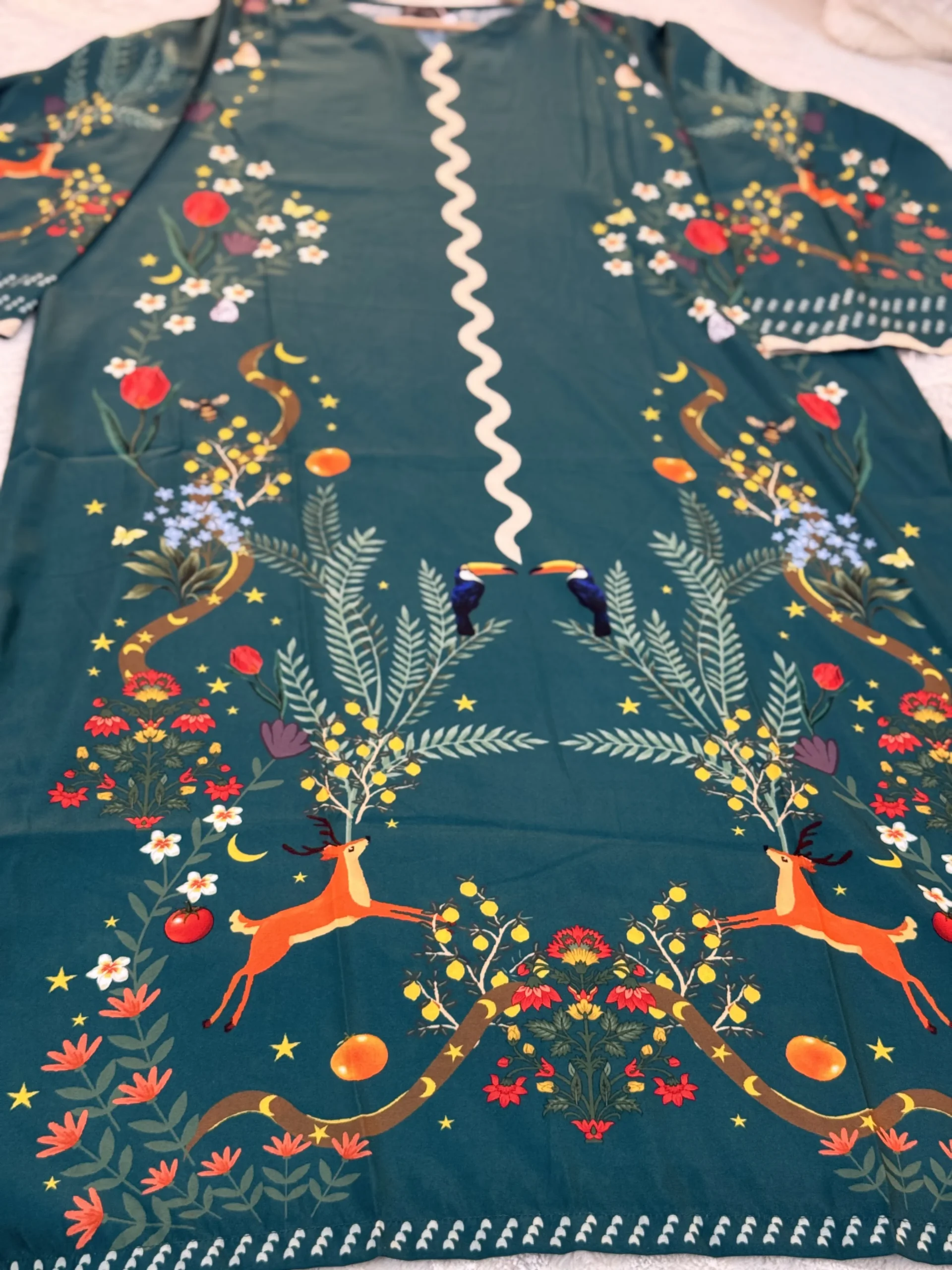 Teal Printed Silk Long Kurta (Stitched) by Reshyle - alternate view 3