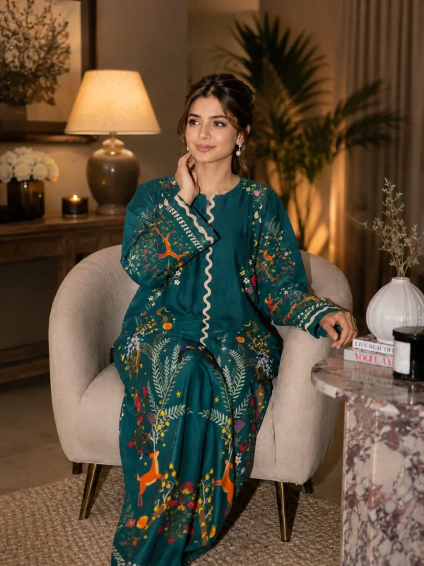 Model wearing a teal printed silk long kurta by Reshyle
