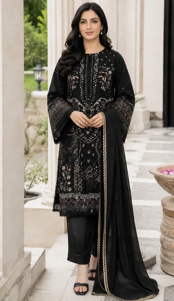 Black Embroidered Lawn 3-Piece Stitched Suit