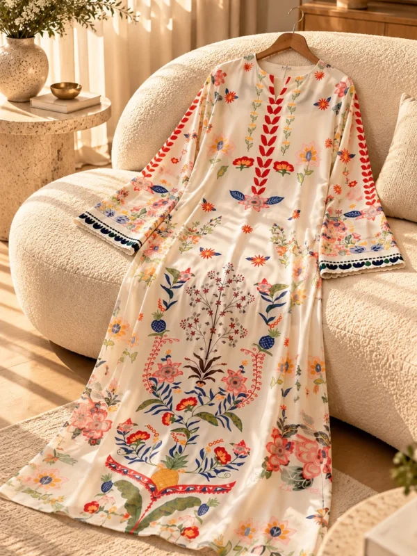 Beige floral printed silk kaftan on hanger - full print view