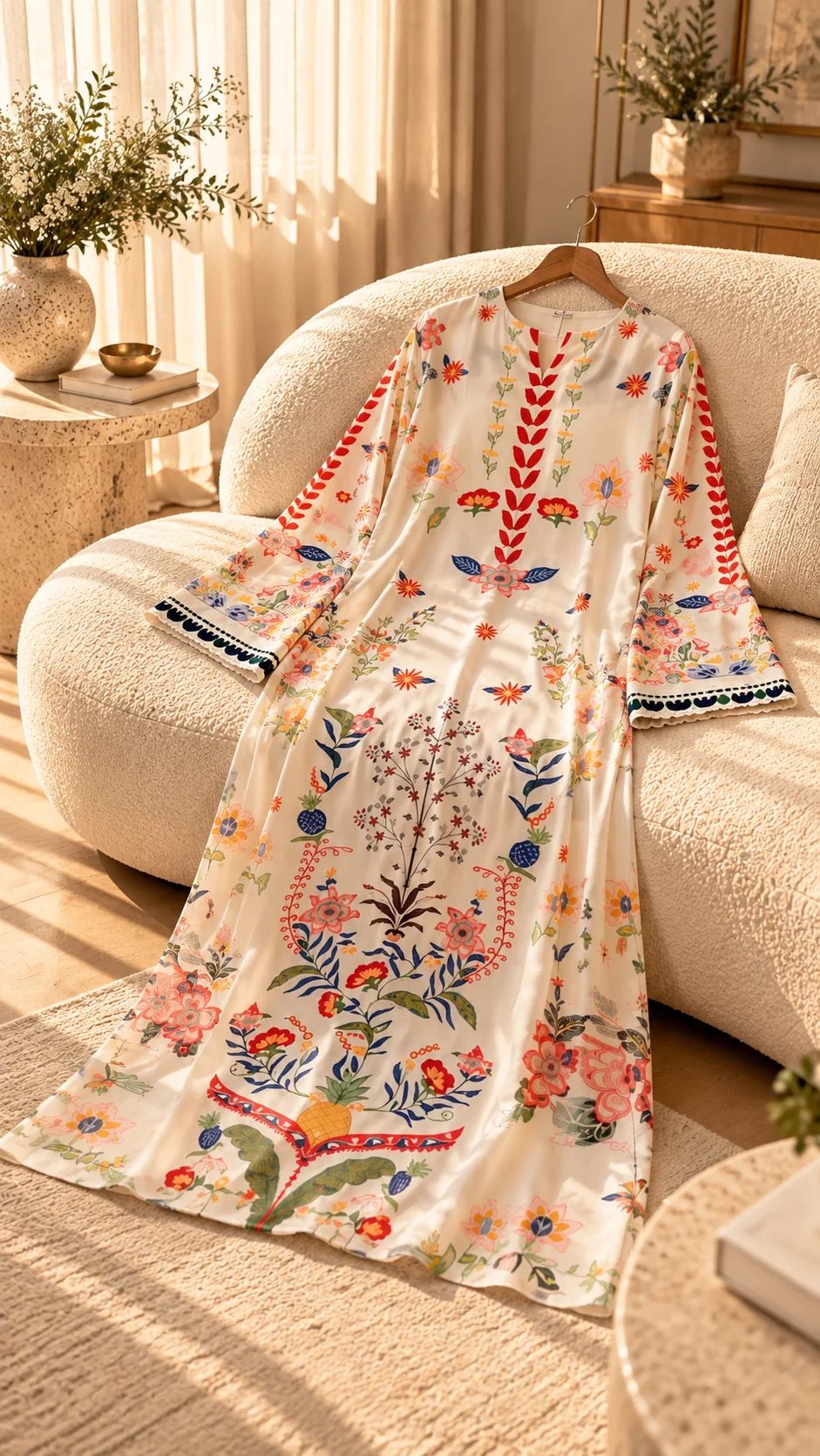 Beige floral printed silk kaftan on hanger - full print view
