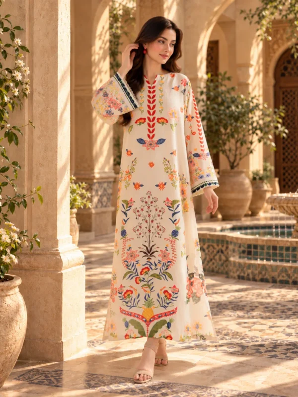 Model wearing beige floral printed silk kaftan with bell sleeves - front